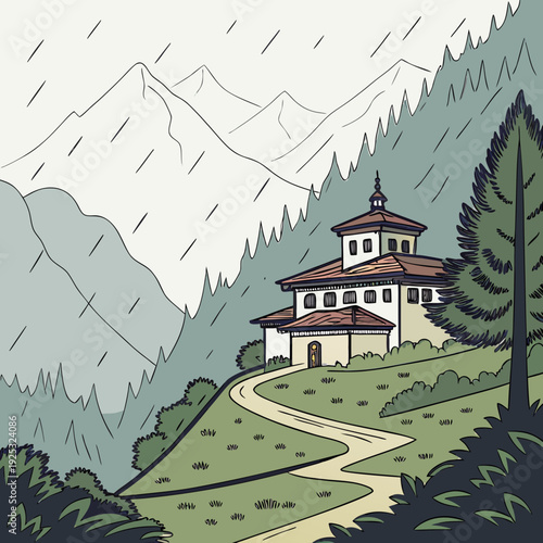 A house on a hillside with a mountain in the background