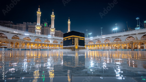 Illuminated kaaba at night with reflections on wet ground and minarets in the background view at mecca