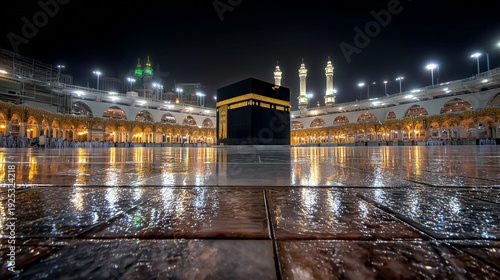 Illuminated kaaba at night with wet tiles reflecting lights and minarets in the background view