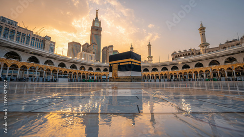 The kaaba in mecca stands prominently amidst the grand mosque under a vibrant sky at dawn time