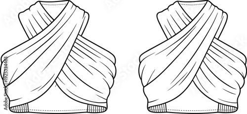 Draped crossover crop top flat sketch with twisted front detail, sleeveless design, gathered folds, fashion garment CAD drawing illustration