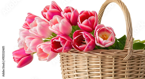 Wallpaper Mural A wicker basket filled with vibrant pink and red tulips against a white background. Torontodigital.ca