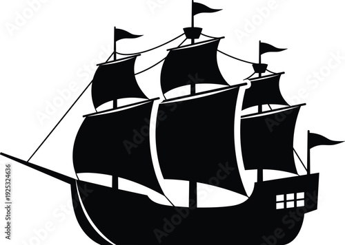 Sailing ship silhouette vector illustration, vintage wooden galleon with large sails and flags, nautical marine icon isolated on white background