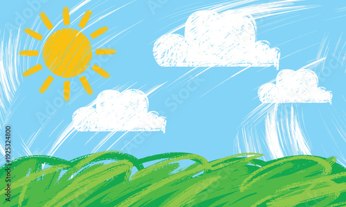 A cheerful, childlike illustration of a bright sun, white clouds, and green hills, an innocent outdoor scene under clear, sunny light.
