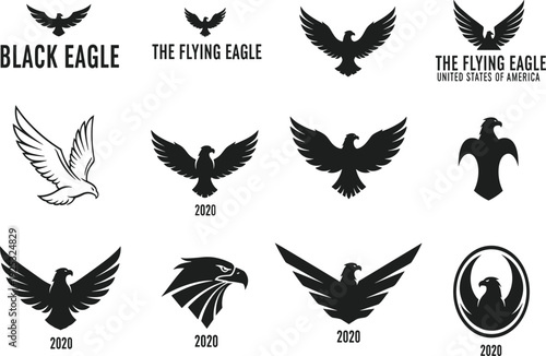 Eagle logo collection, flying eagle silhouette, black eagle design, bird of prey icon, freedom symbol, strong wings, American emblem illustration