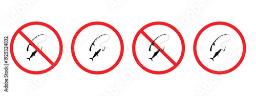 No fishing - forbidden signs. Set of no fishing icons. Stop, prohibited or ban fish.