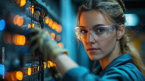 ⭐ Stock Description

Female telecom specialist performing maintenance in a modern data center, inspecting and organizing connections on a structured patch panel