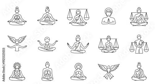 Meditating Figures with Scales and Wings in Sketch Style.