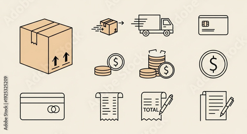 Set of icons representing shipping and payment methods.