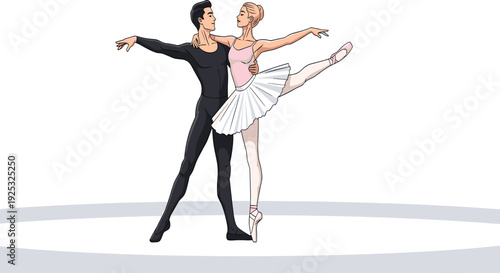Elegant ballet dancers performing on stage, male and female ballerina in graceful pose, classical dance, art performance, theater movement, beauty, balance