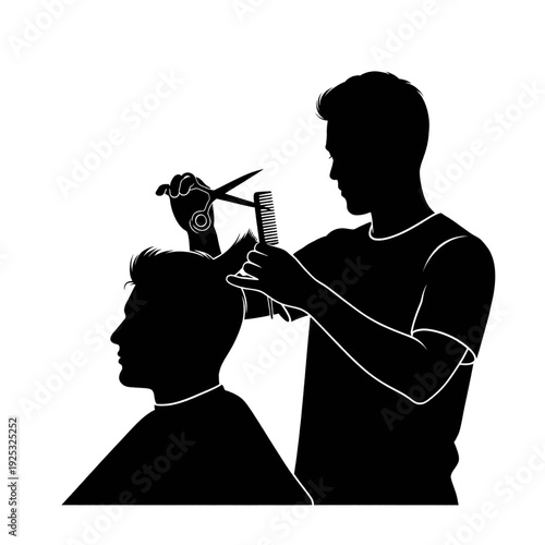 Barber Cutting Hair with Scissors and Spray.