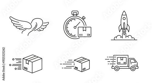 Set of icons representing fast delivery and shipping services.