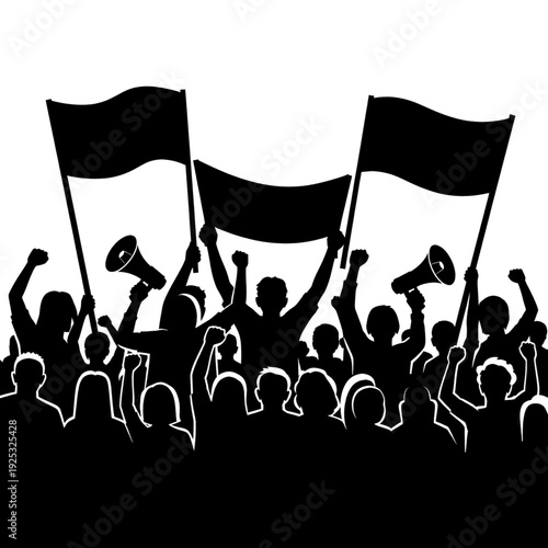 Crowd of People Protesting with Flags and Megaphones.