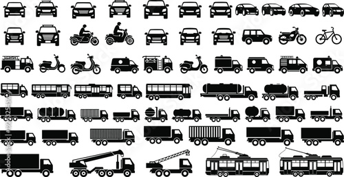 Large collection of transport vehicle silhouettes, including cars, trucks, motorcycles, buses, delivery vans, and heavy logistics machinery, isolated on white background