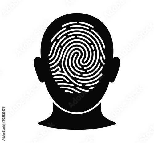 Man Fingerprint on Face Black and White Icon, Biometric Identification, Facial Security Symbol
