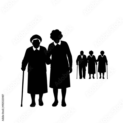 Elderly Women Walking with Canes Silhouettes.