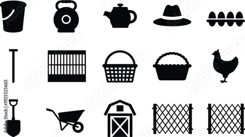 Comprehensive Poultry Farming and Household Tools Icon Set Featuring Vector Symbols of Barn Shovel Wheelbarrow Fence Basket and Hen