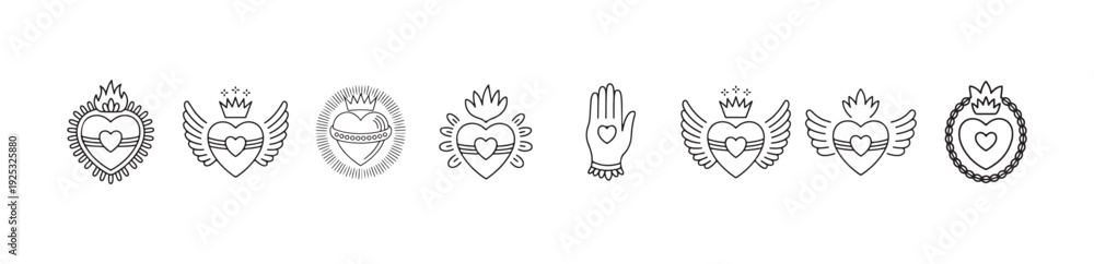 Obraz premium Catholic sacred heart symbols bundle with flames crowns and wings linear style minimalist sketches