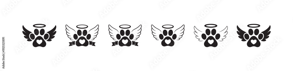 Fototapeta premium Pet memorial paw print with angel wings and halo set black silhouette animals bereavement graphics