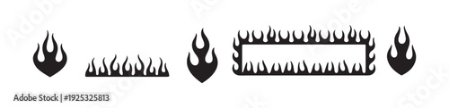 Set of stylized black silhouette icons representing various shapes of flames and fire borders