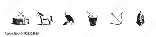 Assembled set of central asian tribal elements including warrior yurt horse drum and archery gear