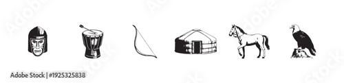 Collection of nomadic culture icons featuring warrior helmet drum bow yurt horse and eagle