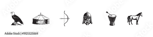 Line up of equestrian and hunting related symbols like eagle yurt horse bow and ancient headgear