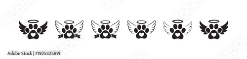Pet memorial paw print with angel wings and halo set black silhouette animals bereavement graphics