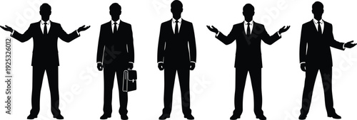 Business man silhouette collection, professional male figures in formal suits, standing and presenting poses, corporate office staff, isolated on white background