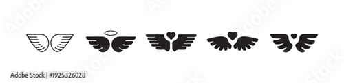 Angel wings icons outline and solid, featuring halo and heart, simple vector art