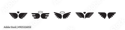 Collection of angel wings icons, simple stylized designs with halo and heart