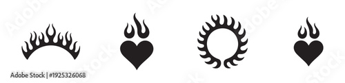 Black and white fire flames and burning heart silhouette tattoo stencil collection on white background