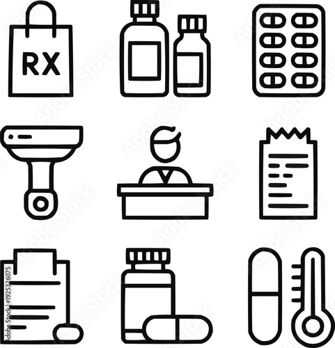 Pharmacy Essentials Outline Icons Set  RX Bag, Medicine Bottles, Pills, and Scanner Tools