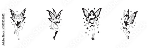 Set of black and white vintage pin up fairy girls silhouettes isolated on white background vector art