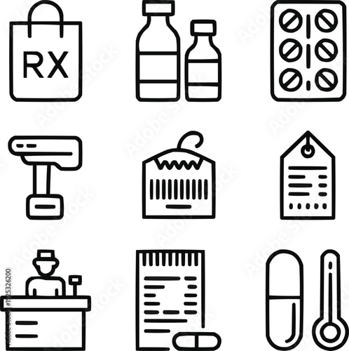 Pharmacy Essentials Outline Icons Set  RX Bag, Medicine Bottles, Pills, and Scanner Tools