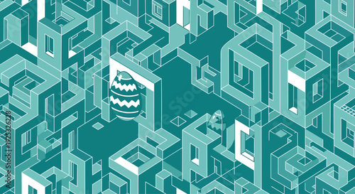 Isometric seamless background with teal geometric labyrinth and hidden easter eggs on a transparent grid