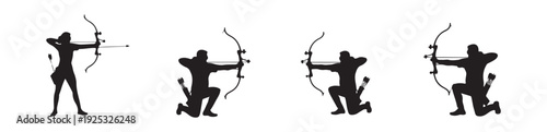 Archery silhouettes of people in various shooting poses with bows and arrows for sports design set