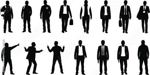 Collection of professional men silhouettes, business people in suits and casual wear, walking and standing poses, isolated on white background, vector