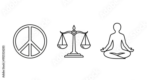 Peace justice and meditation symbols in a line.