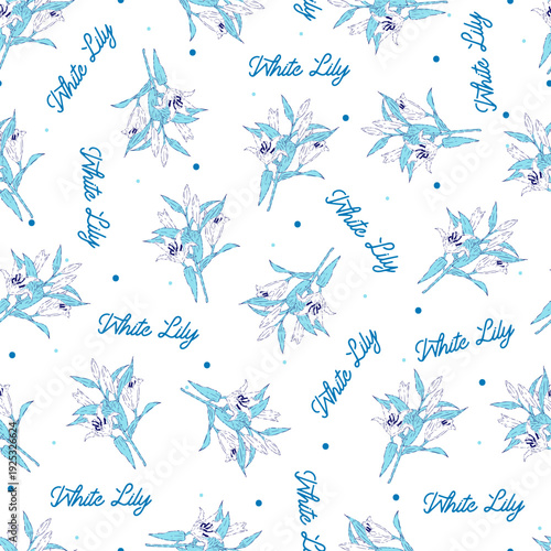 Elegant White Lily Pattern with Blue Leaves. Perfect for fabric prints, wallpaper, gift wrapping, and floral-themed design projects. Creating a modern botanical aesthetic.