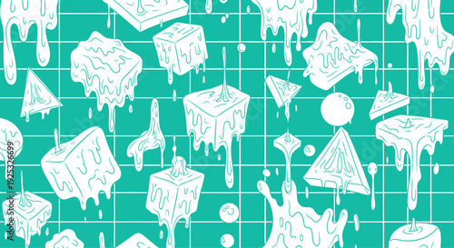 Seamless pattern with melting geometric shapes on mint green grid background, transparent effects and liquid drops