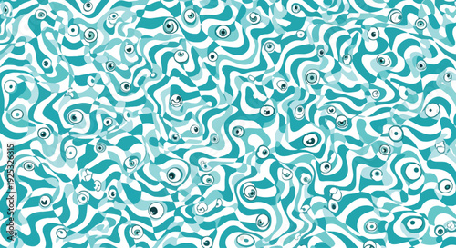 Surreal abstract pattern with wavy blue shapes and floating eye elements for trippy psychedelic background illustrations