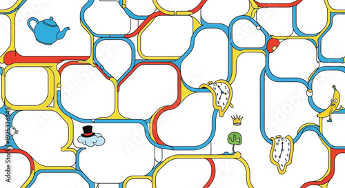 Surreal melting clocks and teapot in a vibrant abstract pipe maze background with playful cartoon elements