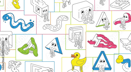 Surreal pop art pattern with melting geometric shapes and cartoon characters in vibrant colors for trendy creative work