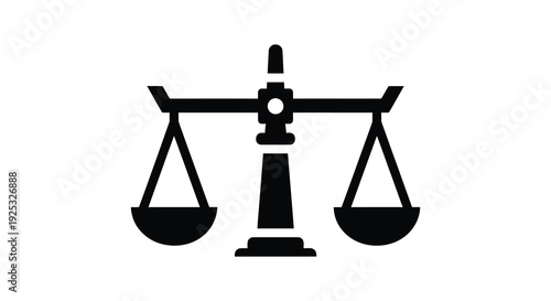 A stark black scales of justice illustration depicts balance and fairness presented as a bold silhouette high quality
