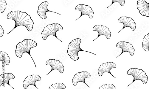 A serene and elegant seamless pattern of hand-drawn black ginkgo biloba leaves gently scattered on a pristine white background, evoking natural beauty.