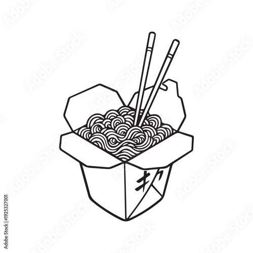 Hand drawn vector illustration of a Chinese takeout food box with noodles and chopsticks.
