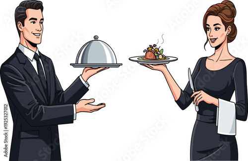 Elegant waiter and waitress serving gourmet food, professional restaurant service, fine dining hospitality, luxury meal presentation, culinary service teamwork illustration