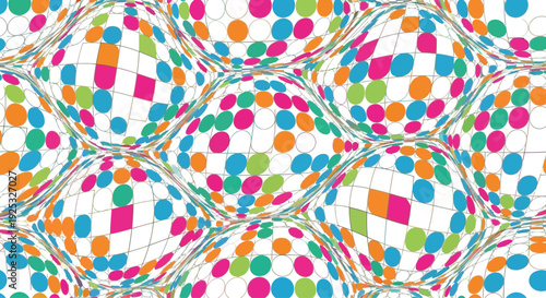 Warped and distorted colorful abstract background with wavy shapes and scattered geometric elements