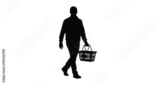 A solitary figure walks forward carrying a shopping basket against a plain white background a striking silhouette